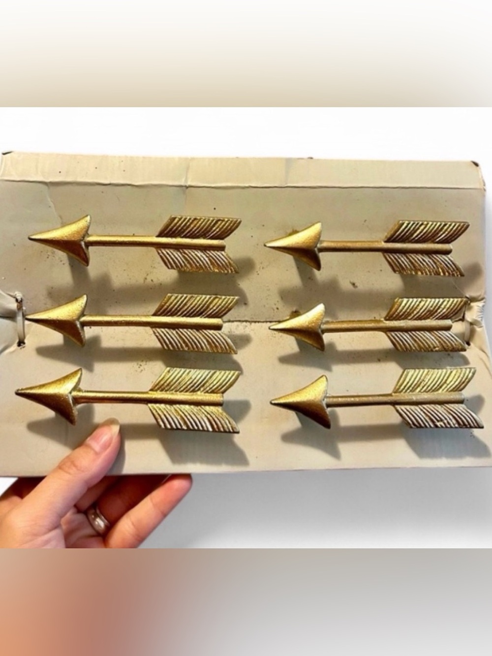 6 Gold Tone Metal Arrow Shaped Drawer Pulls Knobs Boho Decor, Original Package